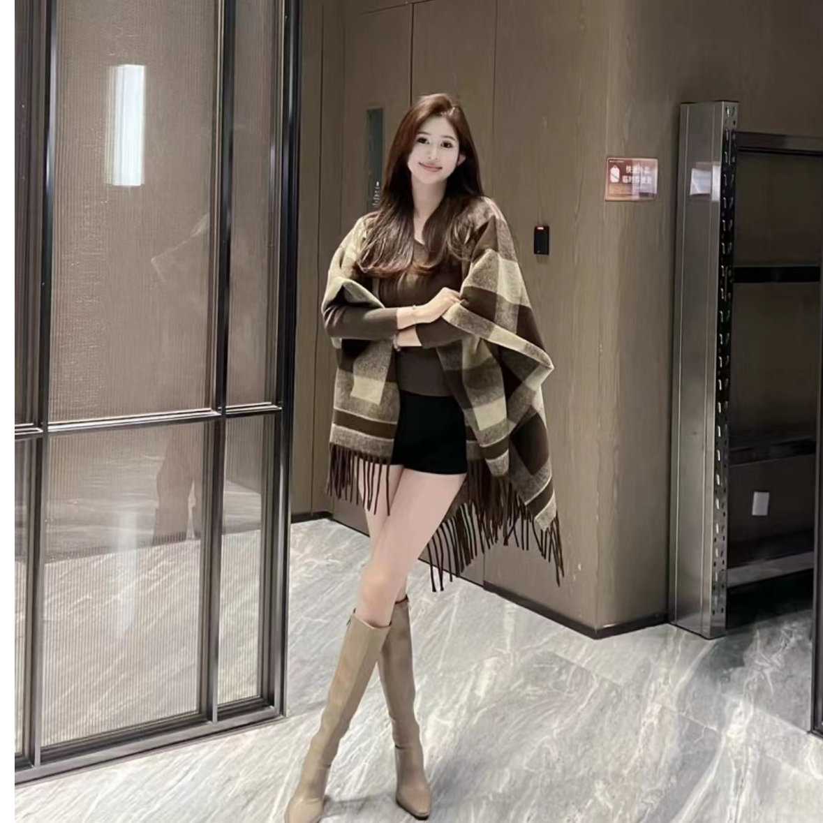 【美拉德棋盘格】卡其拼接格子披肩围巾高级气质时尚