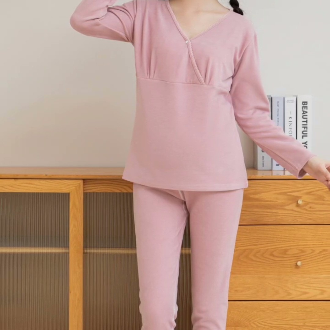 时尚新款孕妇家居月子服德绒交叉款秋衣套装