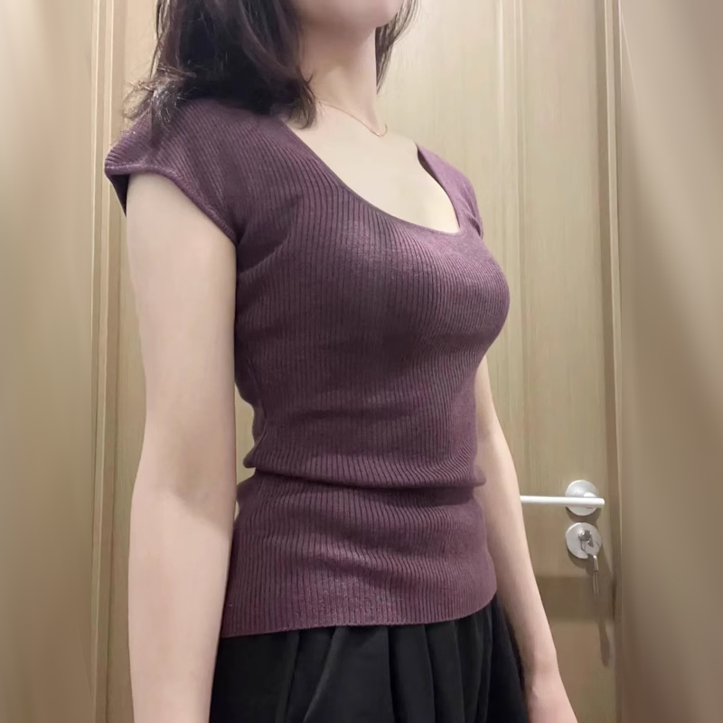 纯欲U领针织短袖t恤女夏2024新款茶艺修身正肩紫色低领显身材上衣