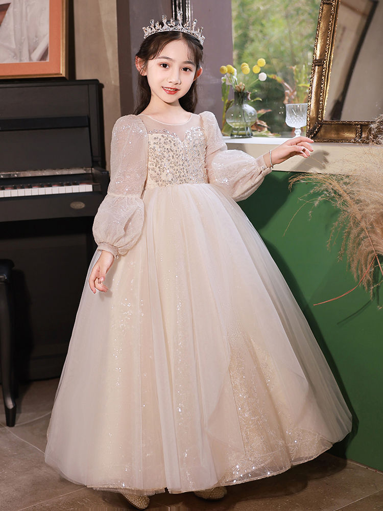 程程吧儿童晚礼服长袖花童婚礼轻奢小众女童主持人礼服裙高端轻