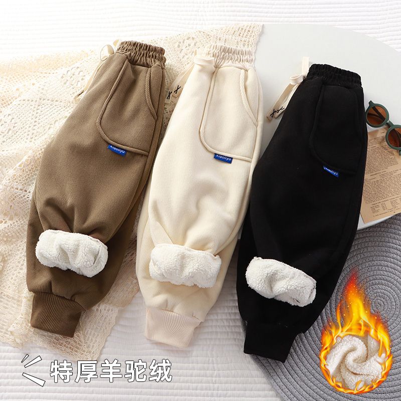 儿童加绒加厚羊羔绒裤子秋冬新款中大童男女宝休闲时尚运动裤540g