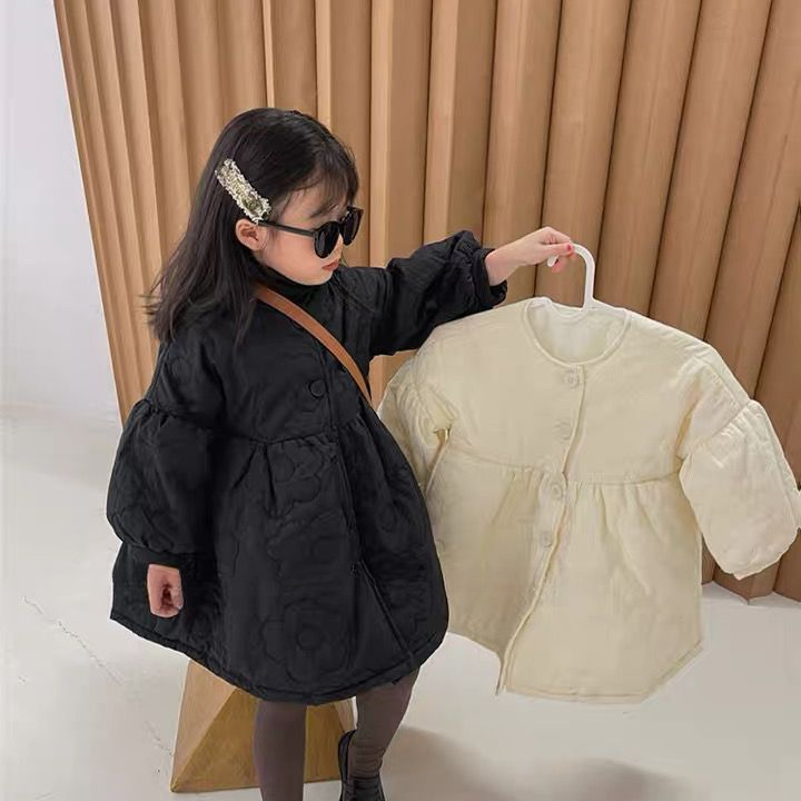 2023冬季韩国童装女童韩版刺绣绗线小棉裙儿童泡泡袖加厚棉衣外套