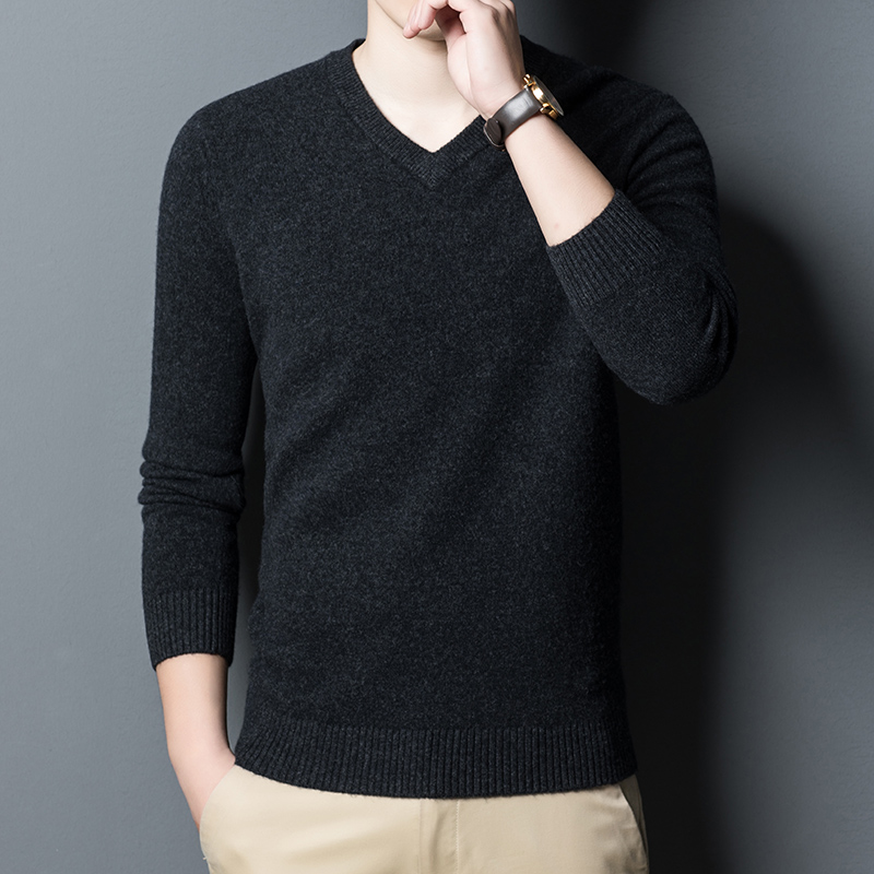 男神必备加厚100%精纺羊毛衫修身V领纯色保暖商务高档百搭休闲