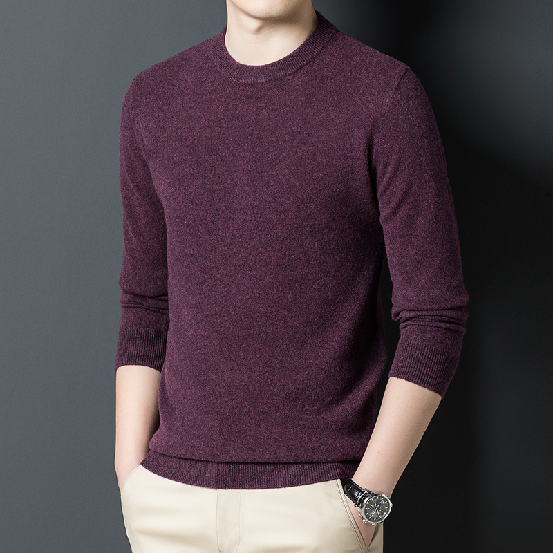 冬季100%羊毛衫男士加厚圆领纯色保暖时尚高档商务百搭休闲针织