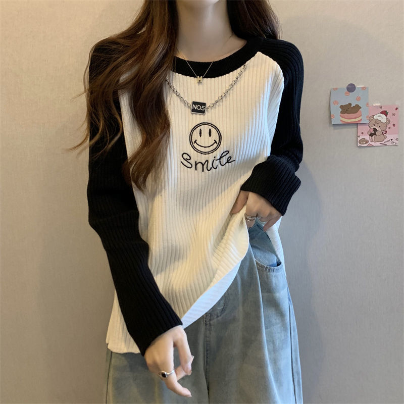 坑条撞色长袖T恤女春秋新款大码显瘦休闲打底衫百搭别致上衣女潮