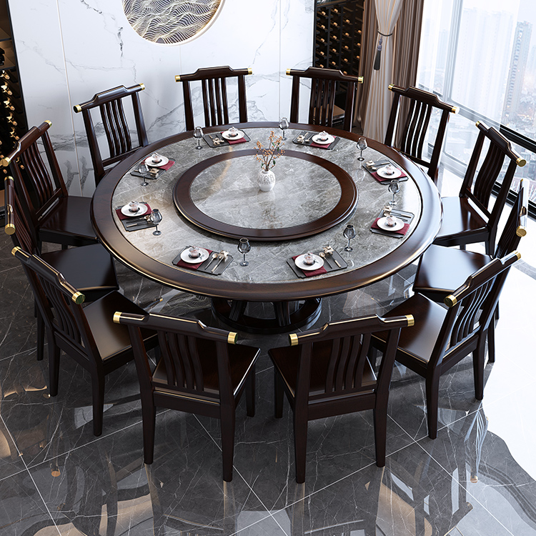 饭桌岩板餐桌椅组合大气圆桌实木家用饭桌子高档餐厅餐桌带转盘