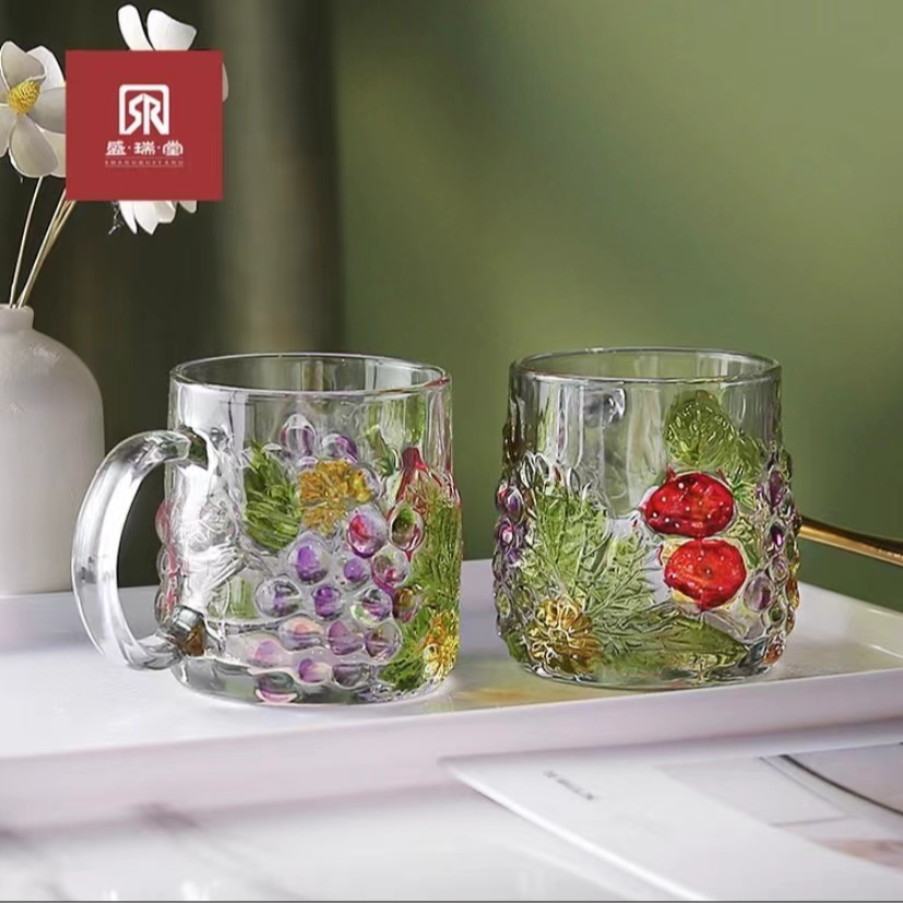 2只装水晶葡萄手绘把手杯大容量彩色玻璃早餐杯牛奶杯花器