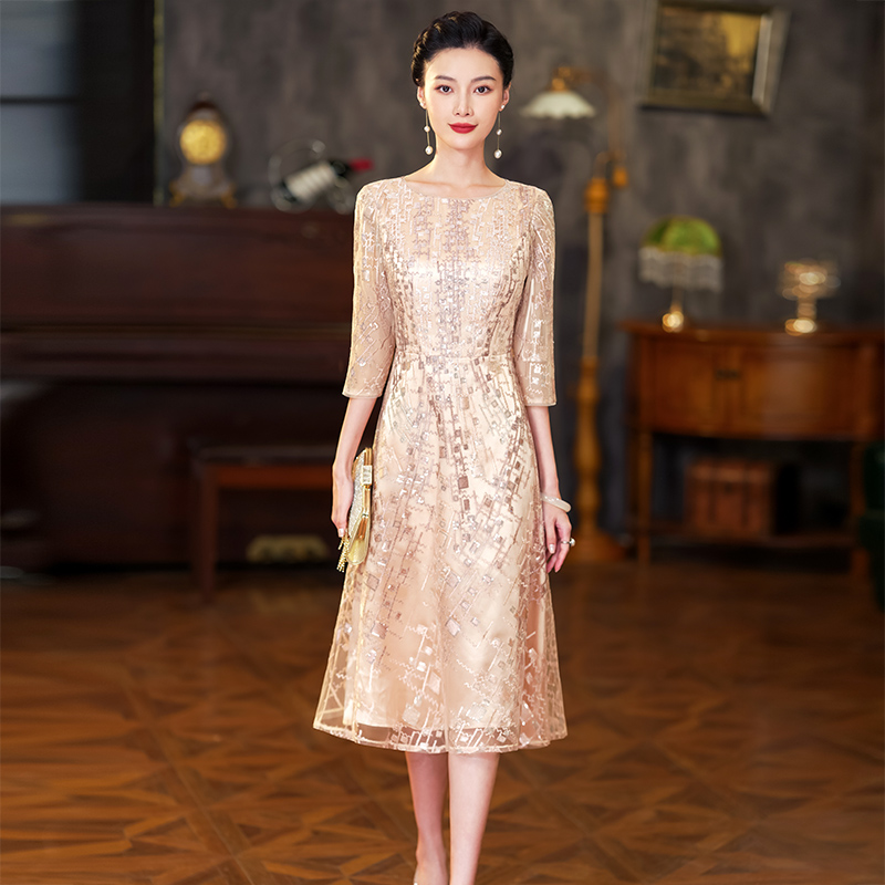 品牌高贵年轻喜妈妈婚宴礼服2025新款夏季小个子蕾丝喜婆婆婚宴装