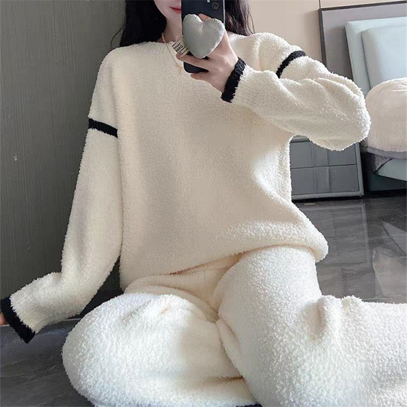 半边绒睡衣女秋冬款2024新款套头保暖珊瑚绒家居服套装宽松两件套