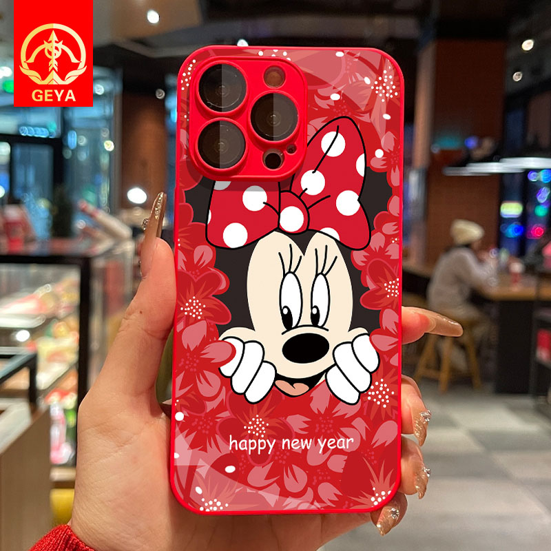 新年米妮苹果15Promax手机壳iPhone12/14Pro/13/11新年玻璃壳卡通