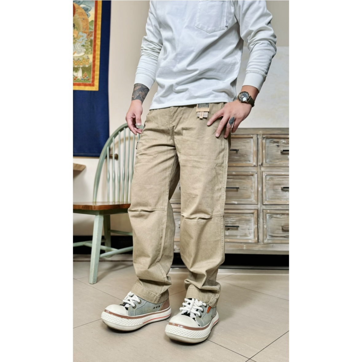 阿美咔叽复古宽松大口袋直筒休闲工装长裤