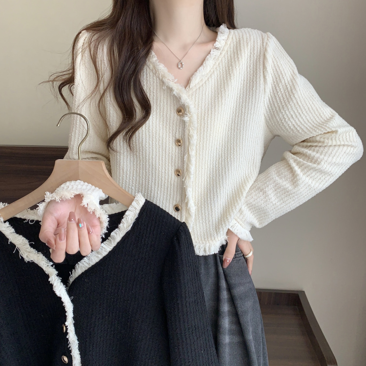 小香风气质V领流苏边长袖秋冬针织开衫女秋装韩版复古百搭短外套