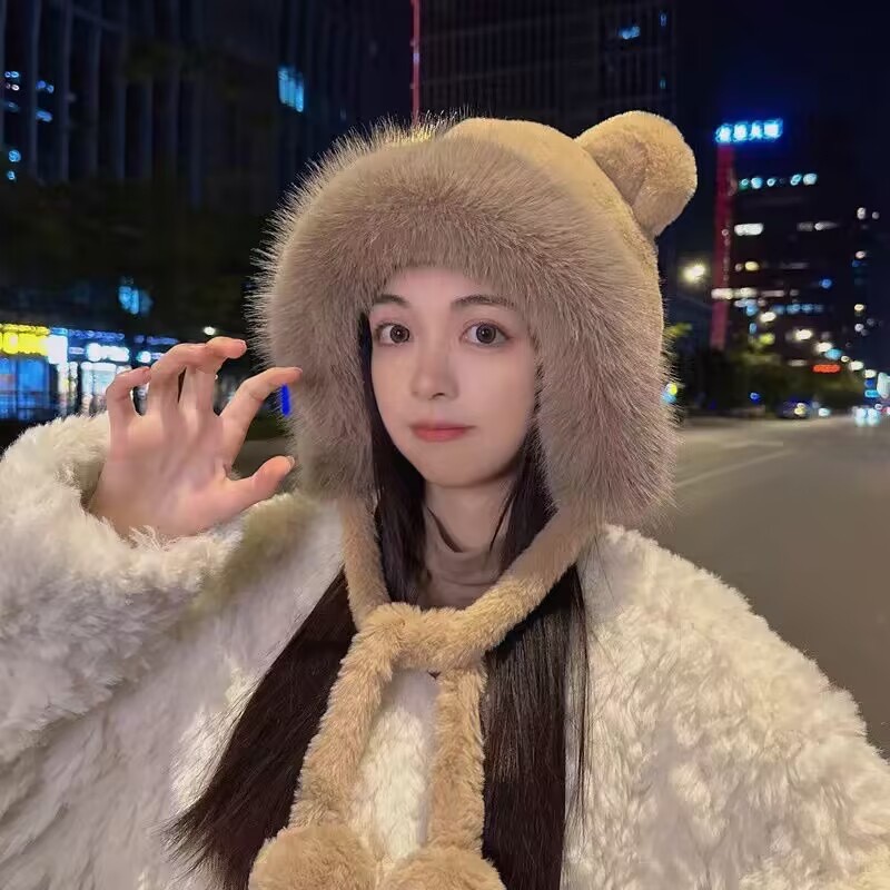 时尚帽子毛绒帽子小熊帽子围巾一体帽子护耳帽子保暖帽子毛绒帽子