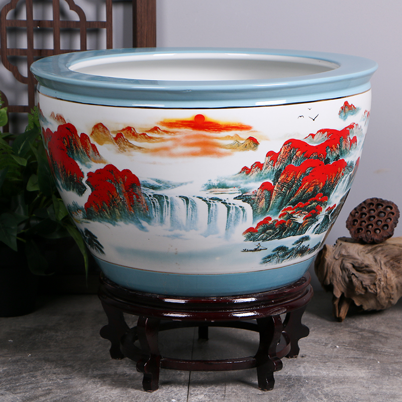 景德镇手绘鸿运当头陶瓷鱼缸水缸阳台睡莲荷花缸室外庭院陶瓷大缸