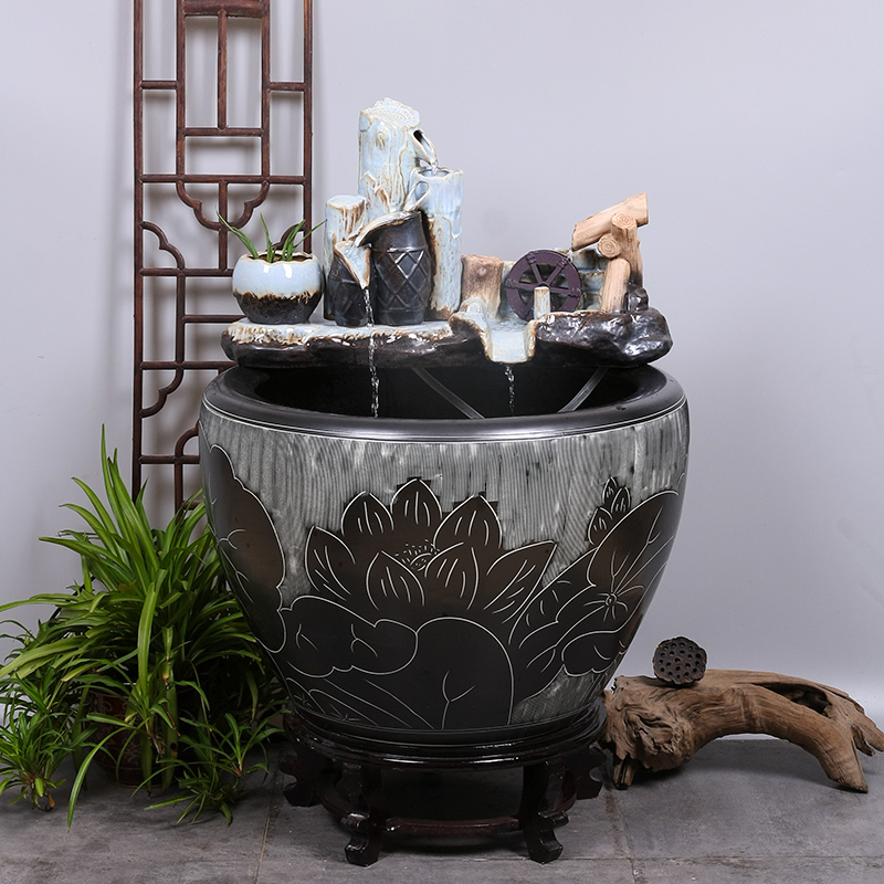 景德镇陶瓷金鱼缸阳台办公室客厅落地家用循环流水摆件庭院大鱼缸