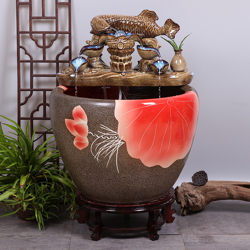 景德镇陶瓷金鱼缸阳台办公室客厅落地家用循环流水摆件庭院大鱼缸