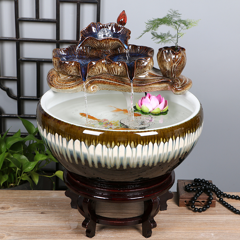 景德镇陶瓷鱼缸家用流水喷泉小金鱼缸客厅招财鱼缸造景桌面养鱼盆