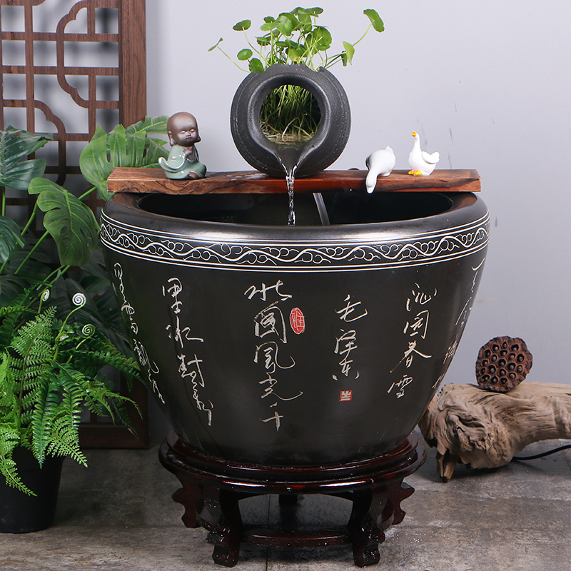 大型陶瓷流水喷泉鱼缸陶罐水循环造景古法鱼缸客厅阳台落地大水缸