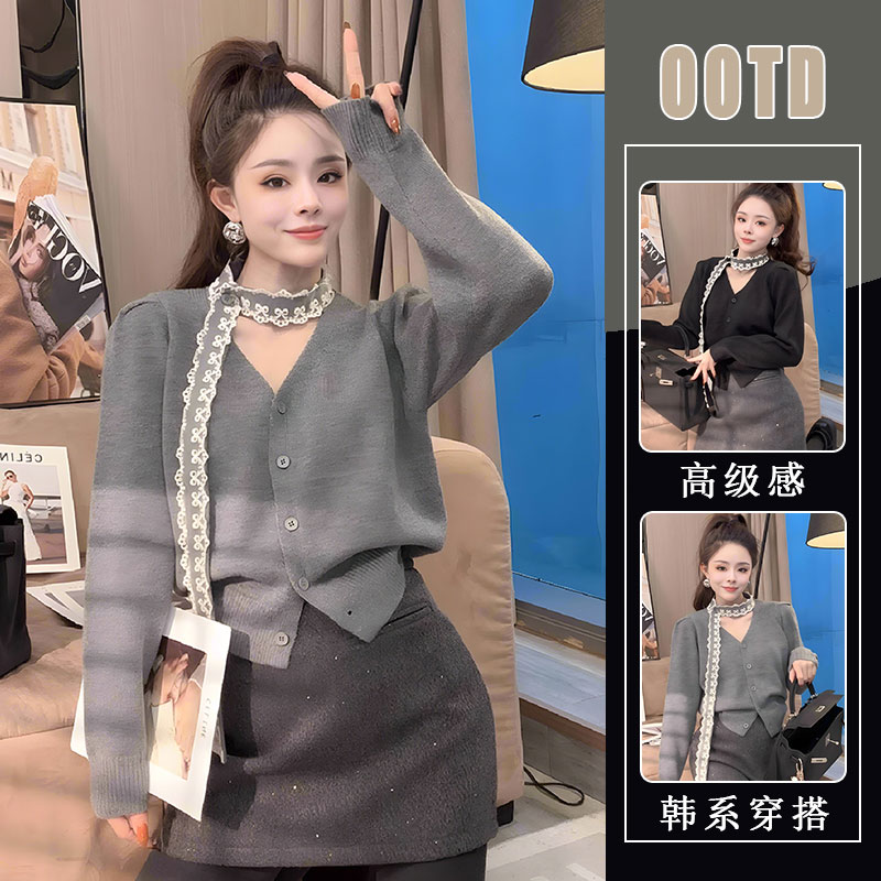 入冬一整套穿搭时尚V领蕾丝飘带毛衣高腰半身裙韩系chic别致套装
