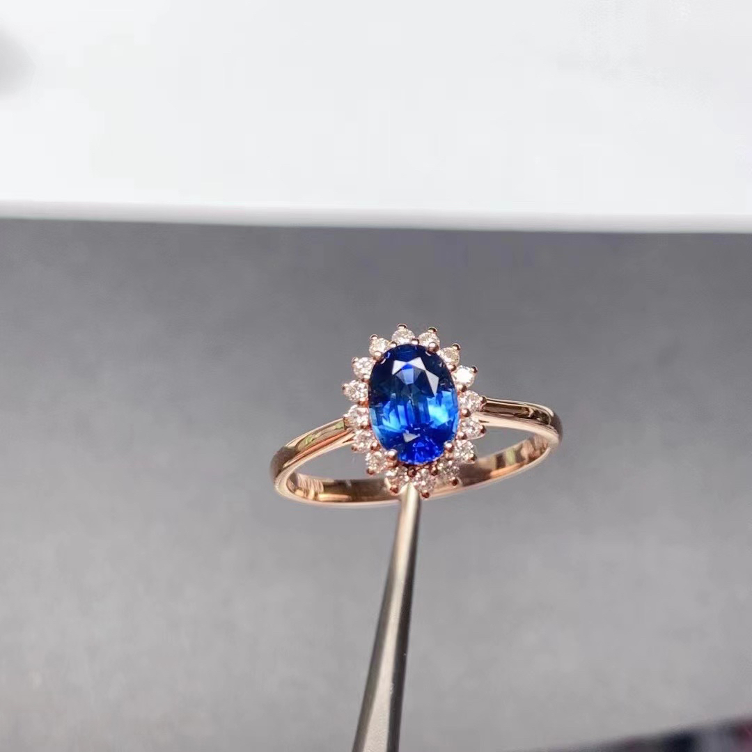 18k玫瑰金天然蓝宝石戒指女戒1.19克拉经典戴妃款配钻石