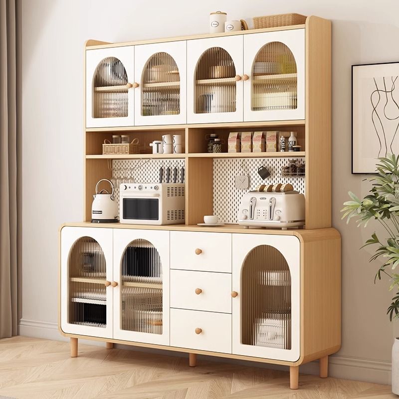 奶油风玻璃门高柜靠墙一体家用厨房橱柜客厅酒柜现代简约储物