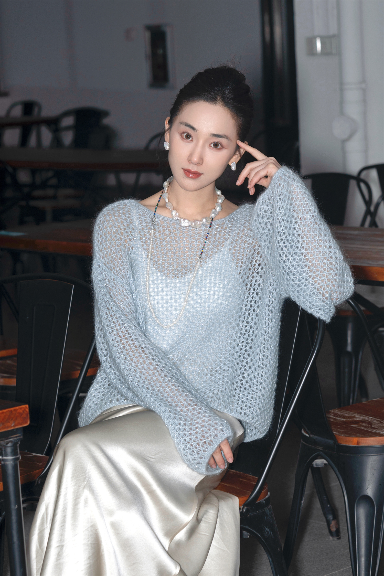 亮片浪漫银丝羊毛马海毛针织衫打底衫镂空网眼一字领罩衣