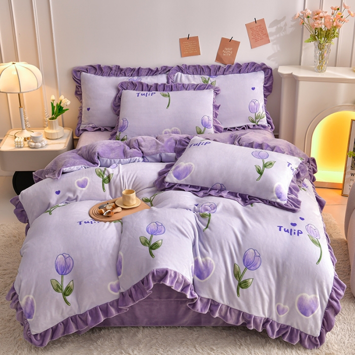 2024花边款加厚保暖牛奶绒四套件床裙款加厚牛奶绒毛绒被套四件套