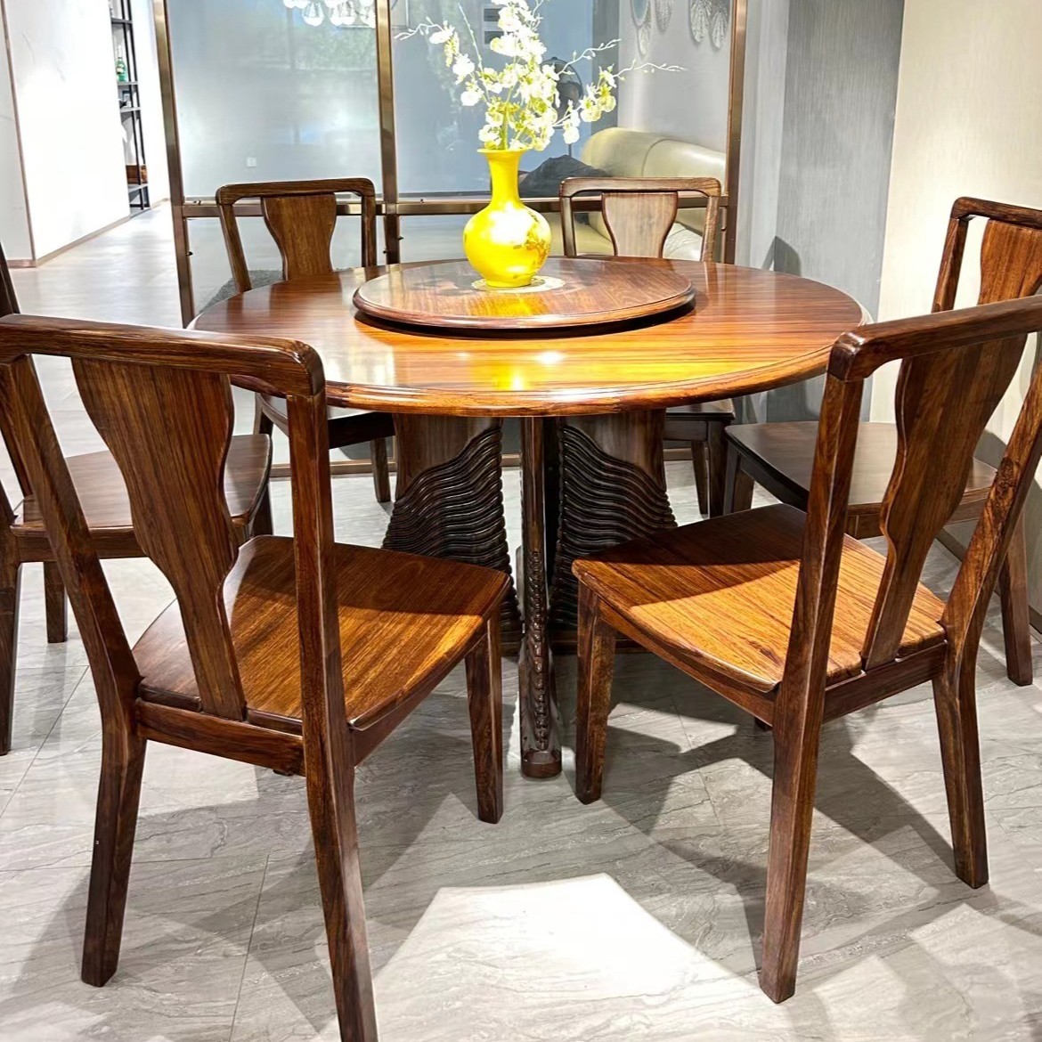 新中式圆形乌金木餐桌椅组合家用圆桌带转盘1桌配6椅客厅饭桌餐椅