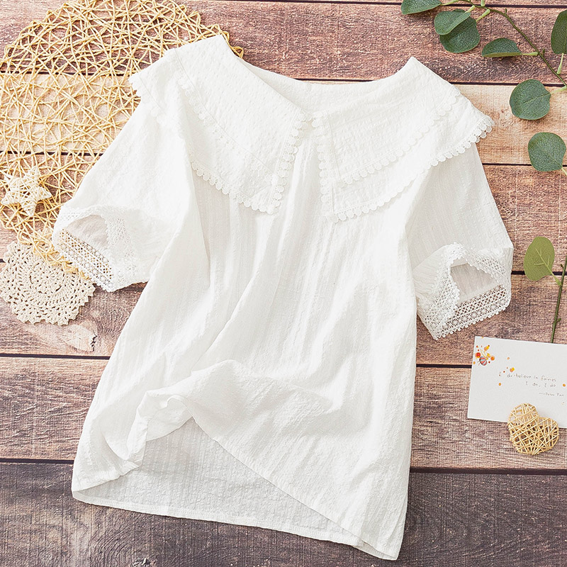 娃娃领纯棉白衬衫女学生夏装甜美减龄蕾丝拼接短袖上衣宽松娃娃衫