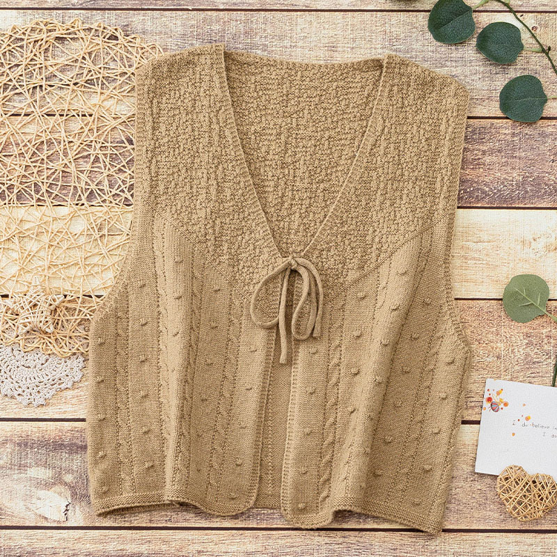 开衫针织马甲女春秋复古文艺系带v领背心宽松百搭提花毛坎肩上衣