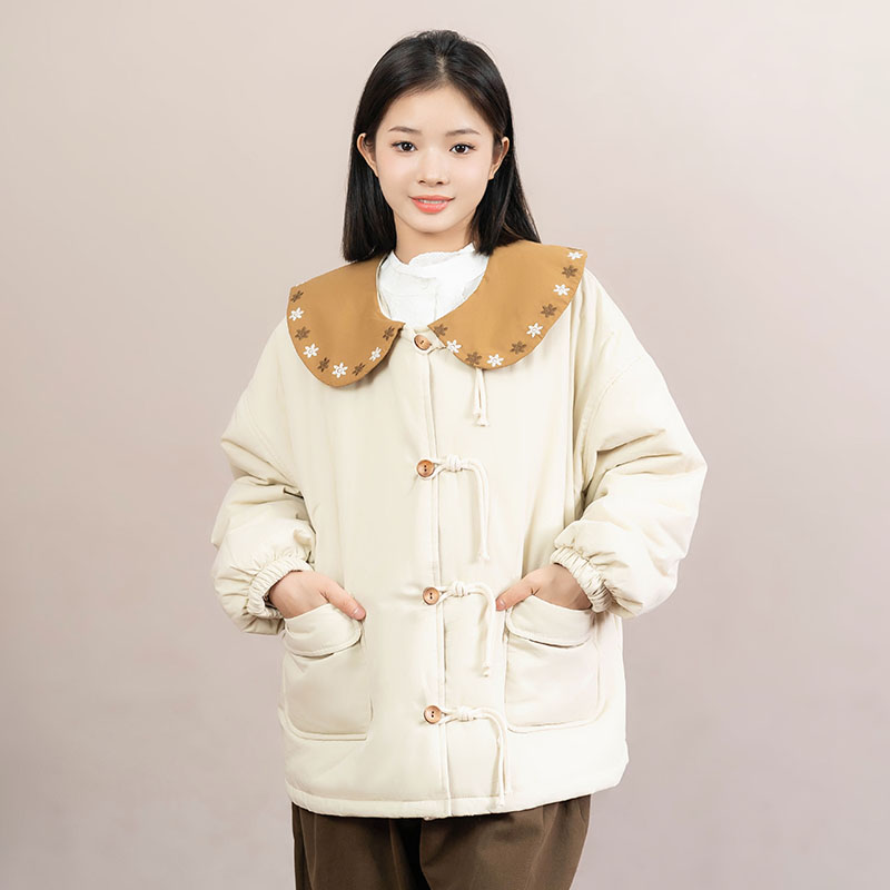 娃娃领棉服外套女秋冬装学院风甜美宽松刺绣撞色拼接百搭保暖大衣