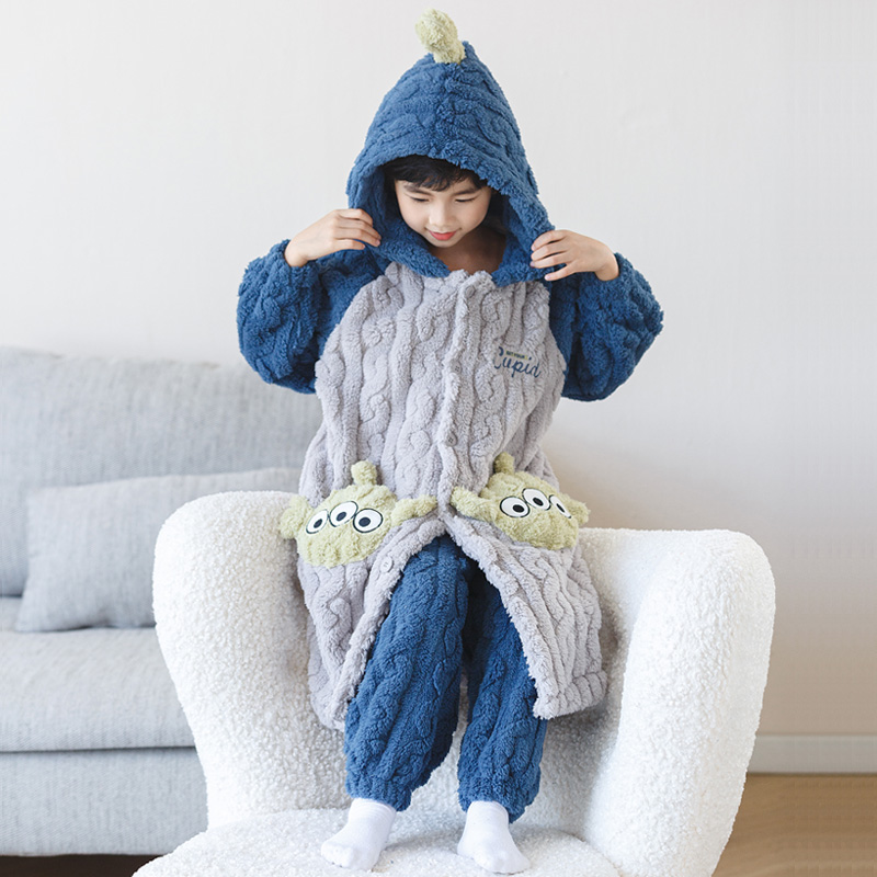 儿童法兰绒睡衣女童睡袍长款秋冬季加厚款宝宝中大童珊瑚绒家居服