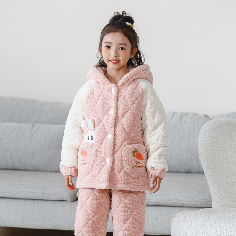 儿童睡衣女童冬季三层夹棉卡通珊瑚绒加绒加厚保暖家居服男孩套装