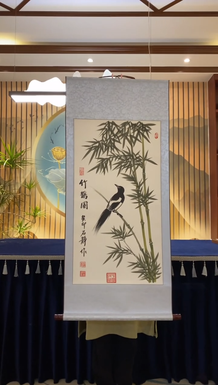 【闪购商品】书法凌-石静-竹鹊图-三尺竖白轴240118
