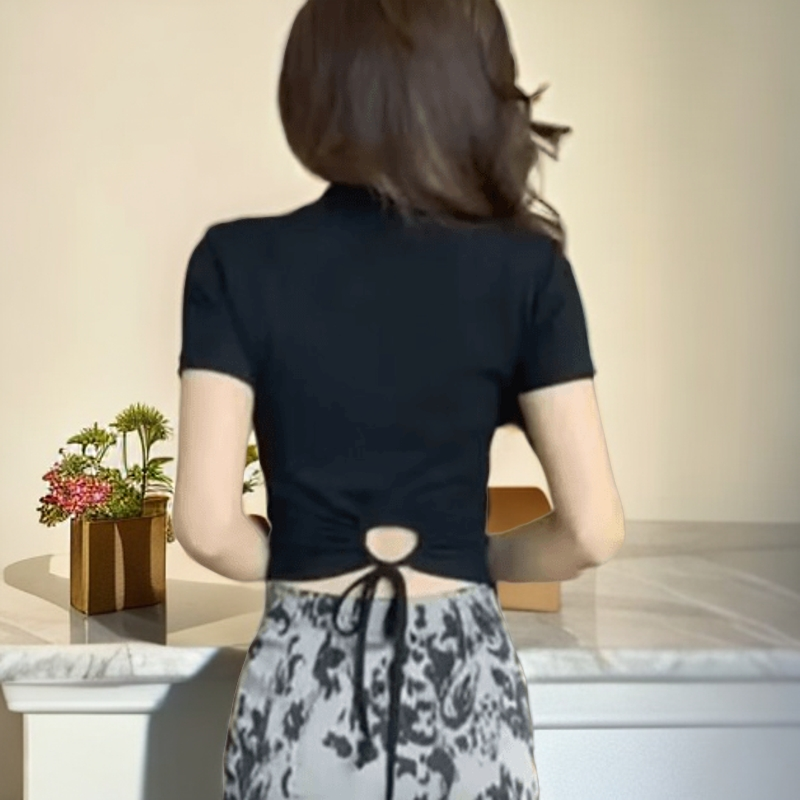 [运费补贴｝设计感小众绑带圆领短袖T恤女夏季修身显瘦气质上衣
