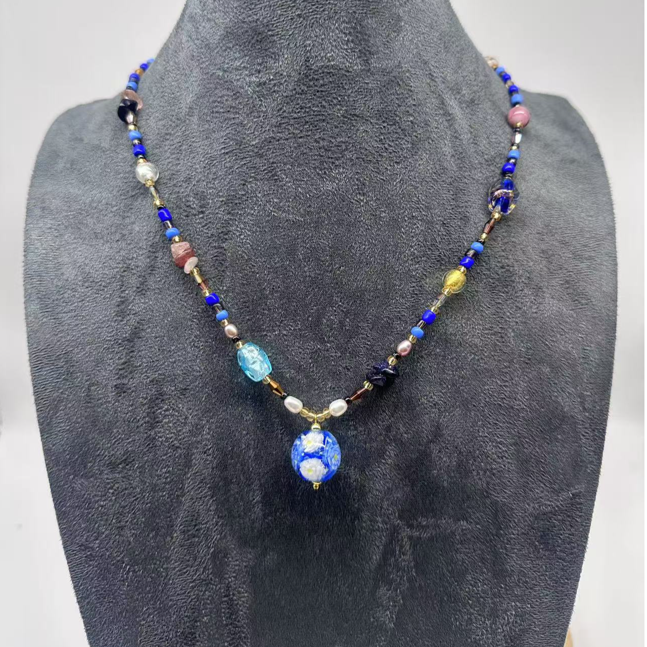 合金项链 玉楼东合金项链 XB201   蓝色梵高花园设计师吊坠琉璃项