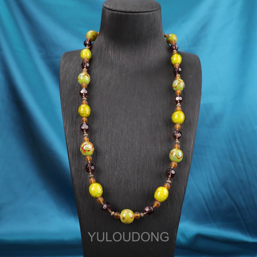 合金项链 玉楼东合金项链 XL563 绿色条纹黄色琉璃项链