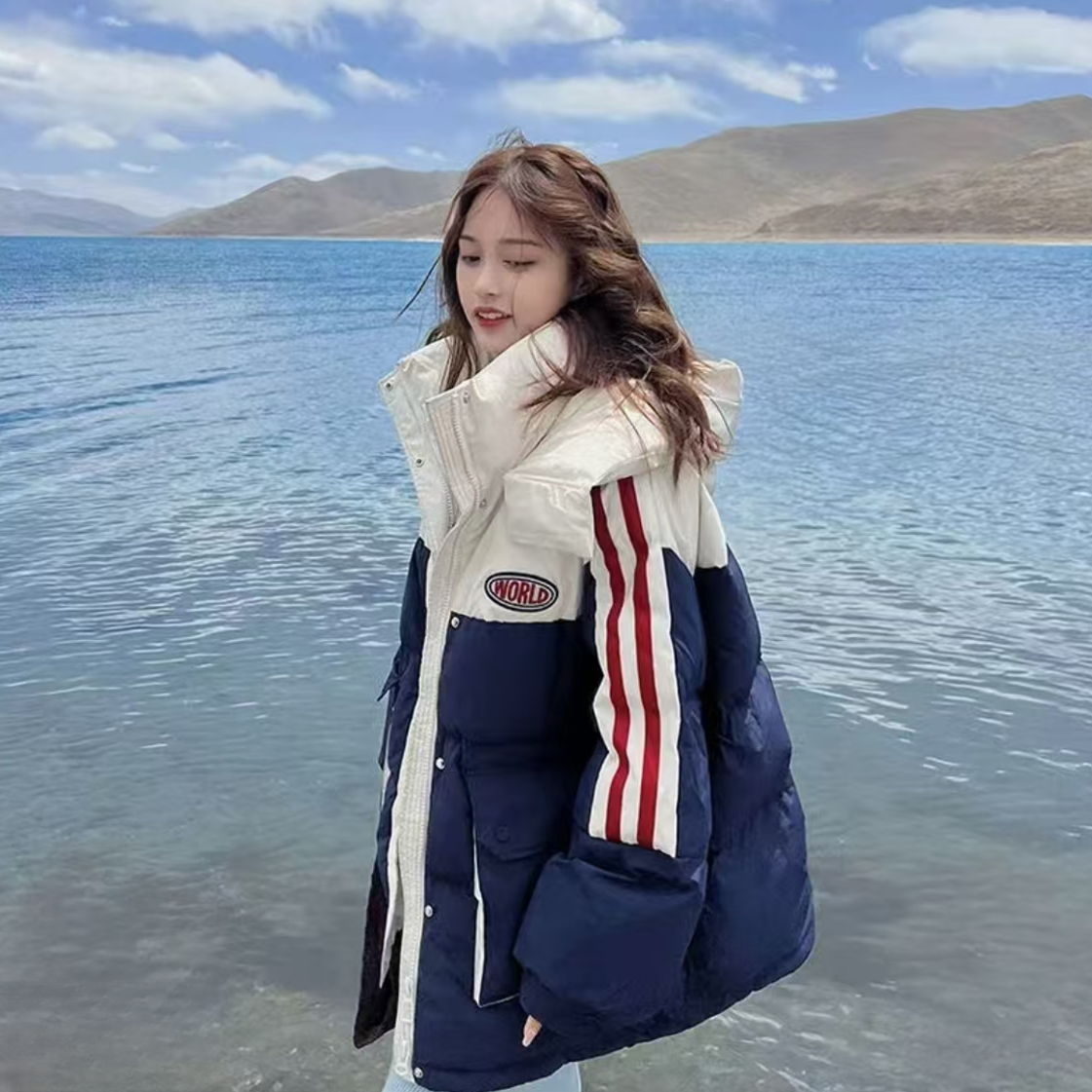 2024冬季撞色款韩版连帽条纹宽松百搭羽绒服 6077