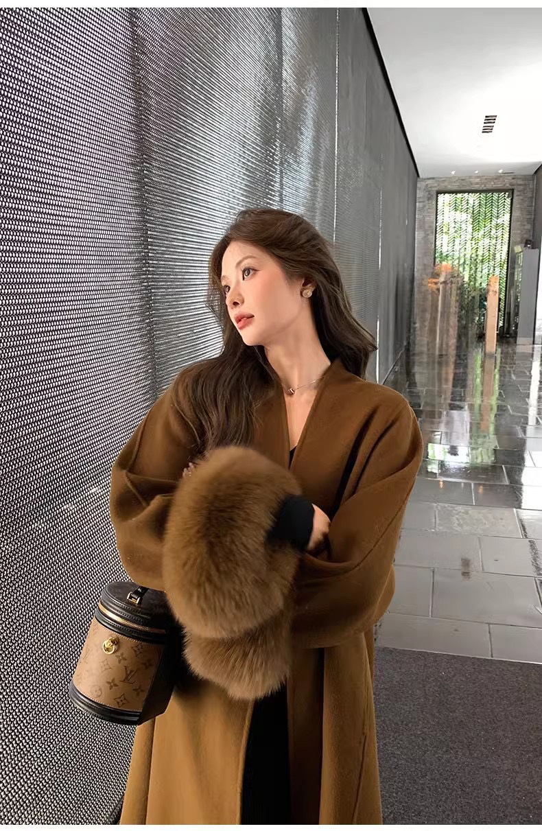 “一个亿”气质长款美拉德双面羊毛大衣女冬季狐狸毛袖双面呢外套