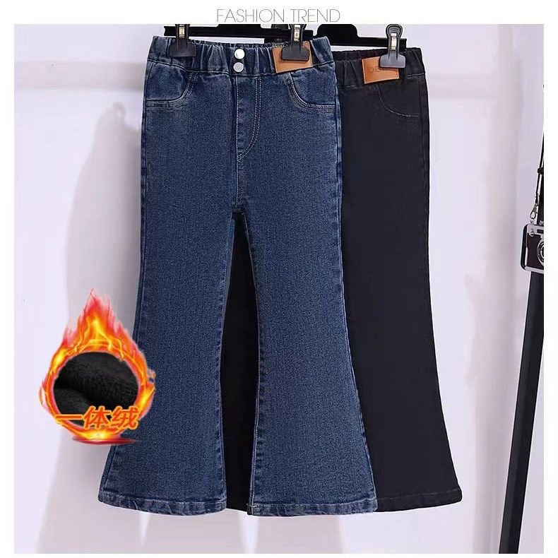 女童冬季加绒牛仔喇叭裤2025新款中大童女孩时尚一体绒显瘦微喇裤