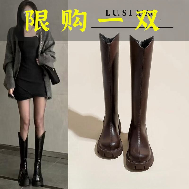 达芙妮沿荐长筒靴女厚底v口粗腿mm显瘦高筒长靴2023年新款秋冬季