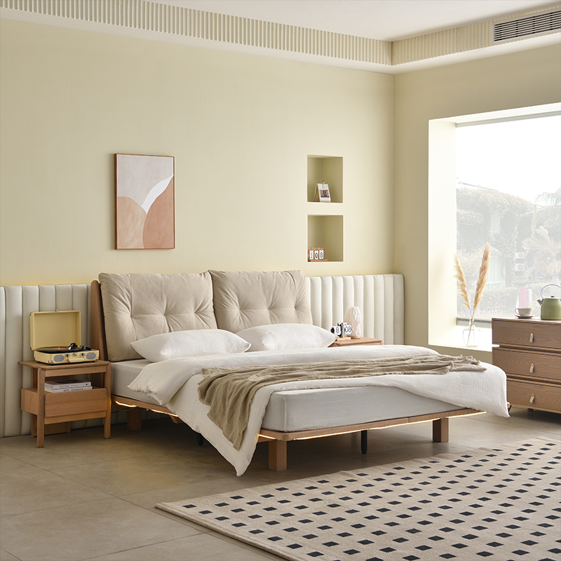 原木风白蜡木实木悬浮床现代简约软包床主卧室双人床创意极简大床