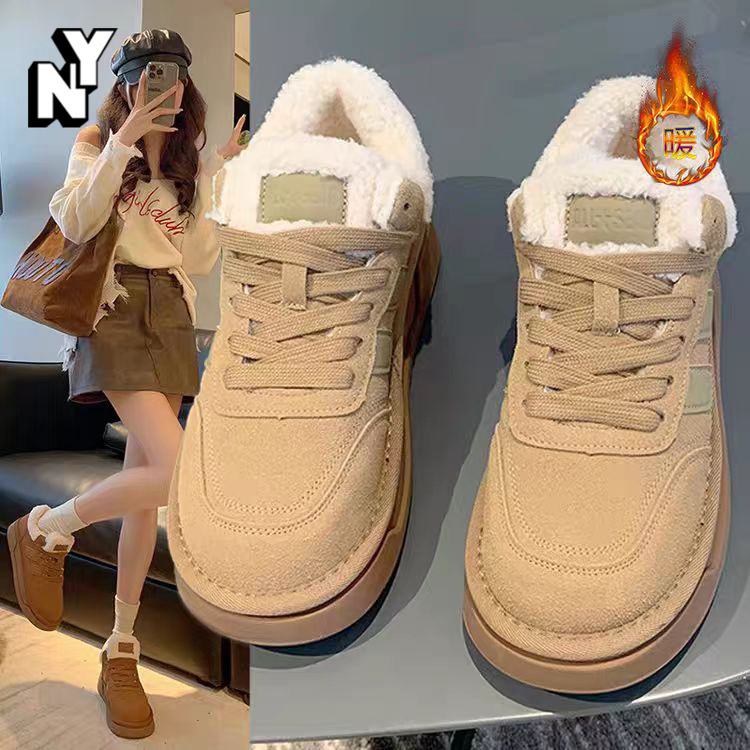 NY时尚雪地靴女厚底休闲板鞋2023秋冬季加绒加厚毛毛鞋棉鞋德训鞋