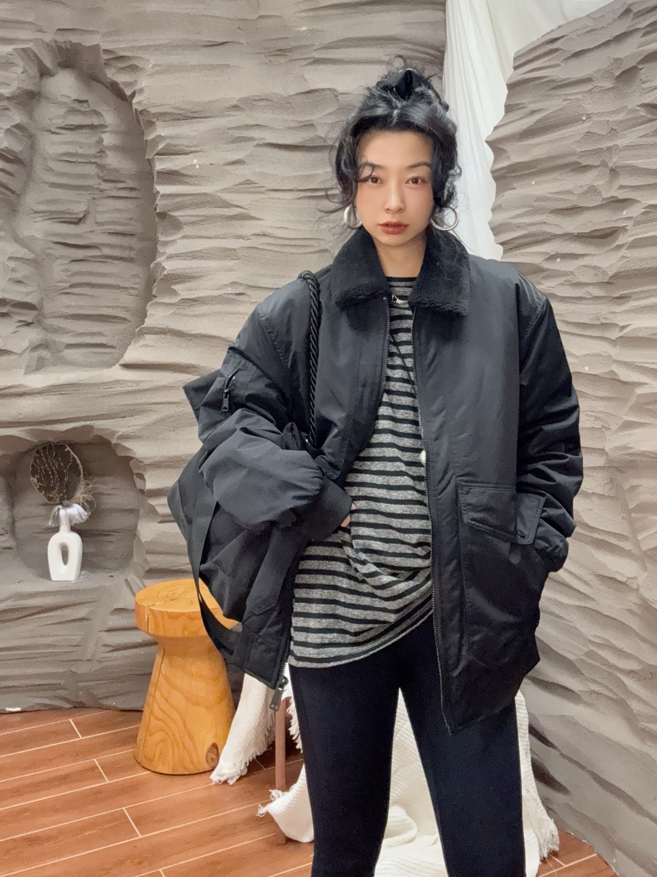 （茄子酱）欧尼黑色休闲加厚宽松冬季外套可拆毛领