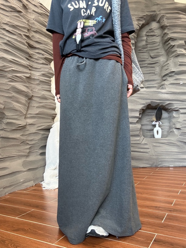 （慵懒裙半身裙）休闲秋冬加厚松紧腰灰色裙子半裙