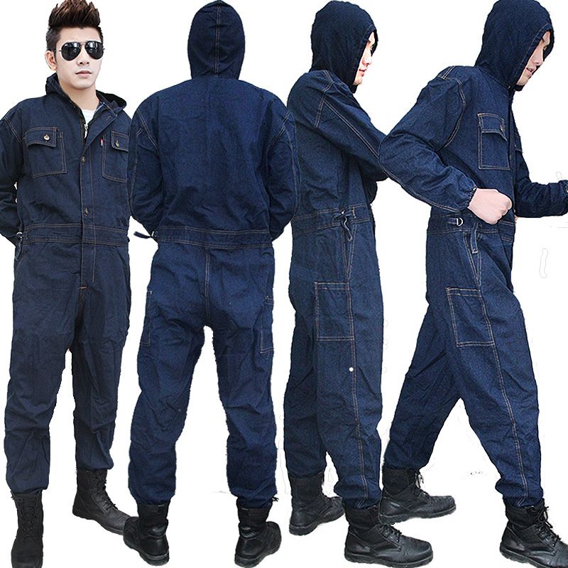 连体工作服牛仔带帽套装工装男女电焊电工汽修喷漆机修防尘劳保服