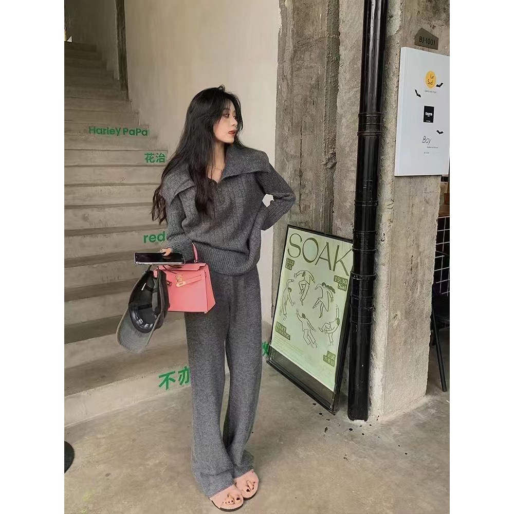 慵懒秋冬两件套加厚时尚休闲翻领麻花毛衣针织阔腿裤高腰直筒套装