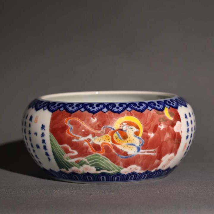 景德镇陶瓷茶器，柴窑青花釉下五彩茶洗，水洗，全手作，神鹿题材