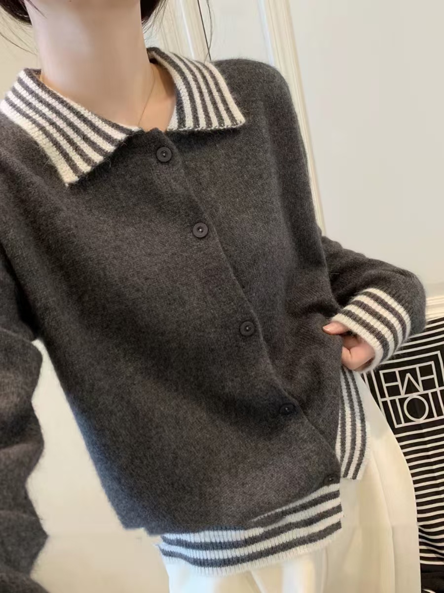 法式外穿撞色条纹翻领外套秋冬款长袖百搭针织开衫宽松11865