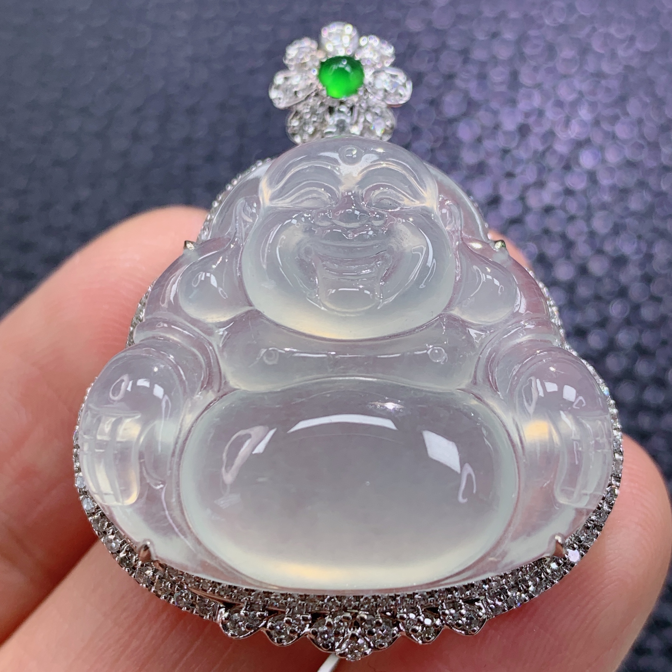 天然缅甸A货翡翠冰种起胶弥勒佛镶18k金伴钻吊坠气质冰透精致